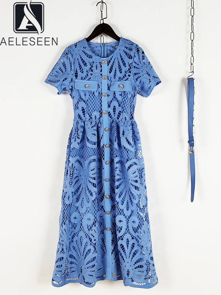 AELESEEN Runway Fashion Lace Dress Women 2025 Spring Summer Blue White Metal buttons Belt Hollow Out Elegant Midi Party Female