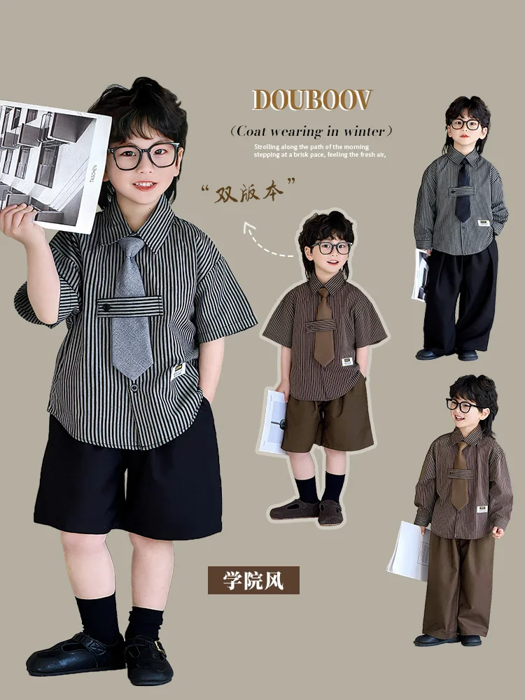 2 PCS set Summer Boys Clothing set Stripes Shirt+Shorts Pants +Tie Kid Children baby toddler Handsome Suits clothes 2-9 years