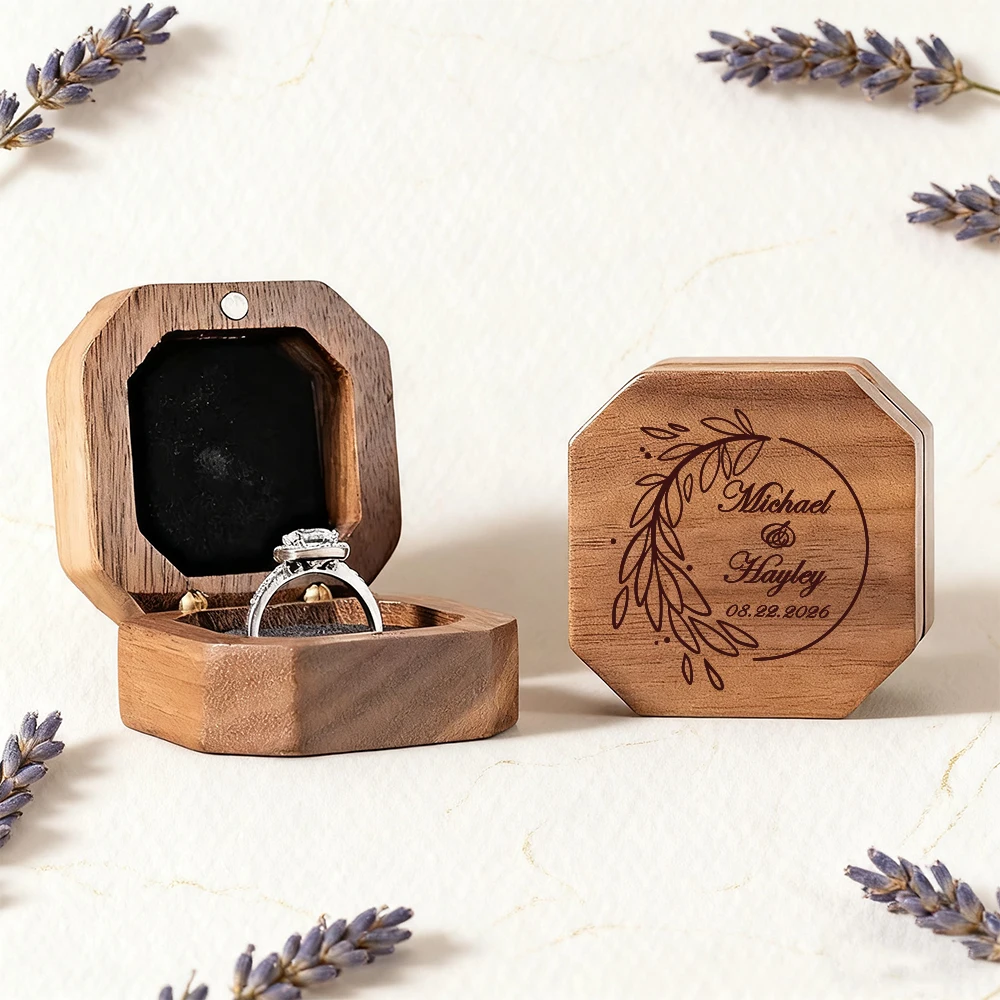Personalized Wooden Octagon Ring Box - Custom Engraved Proposal Gift,Wedding Engagement Ring Box Anniversary Valentine's DayGift