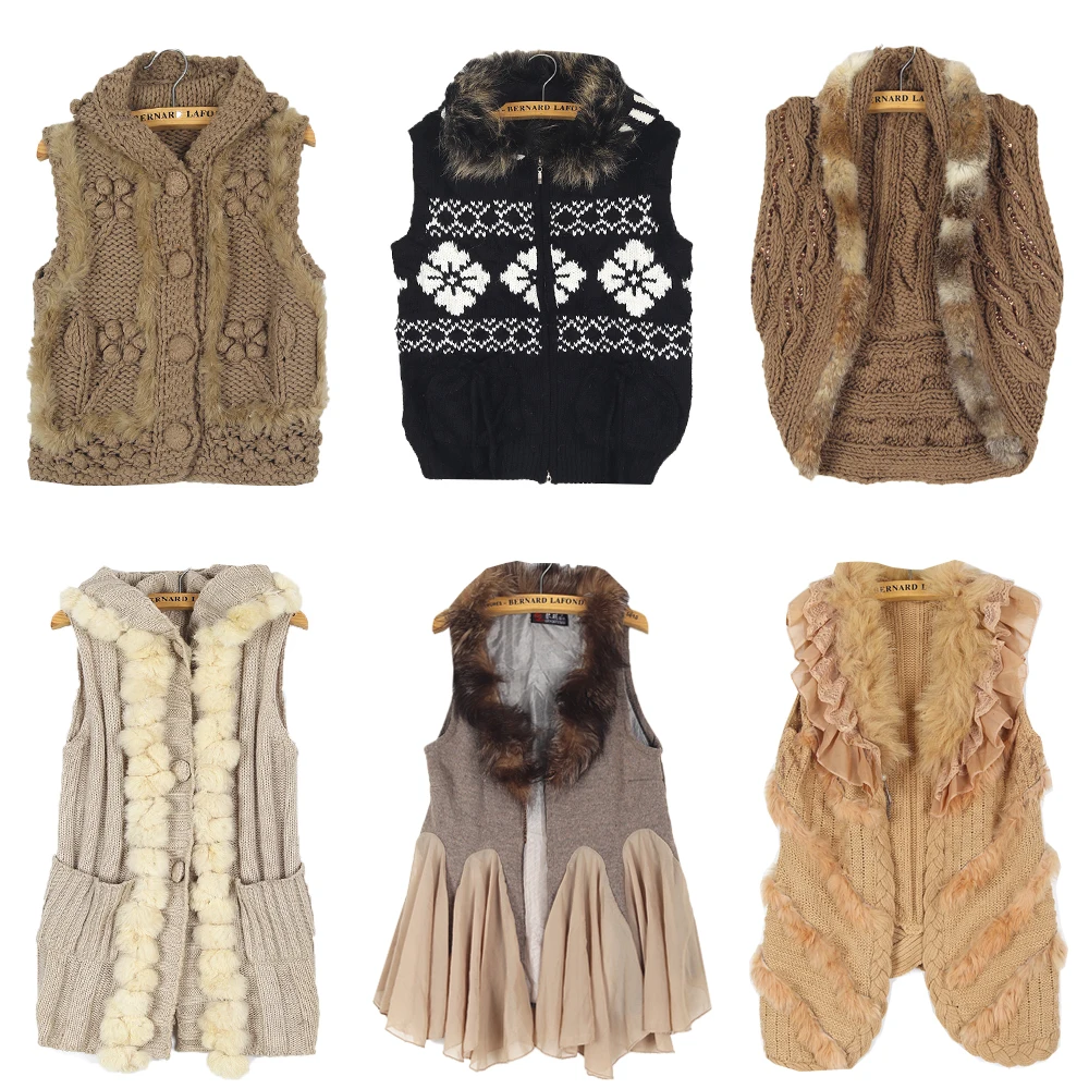 

Винтажный вязаный жилет с меховым воротником, свитер, кардиган Y2K, хиппи, теплая уличная одежда, чистый цвет, зима, без насадок