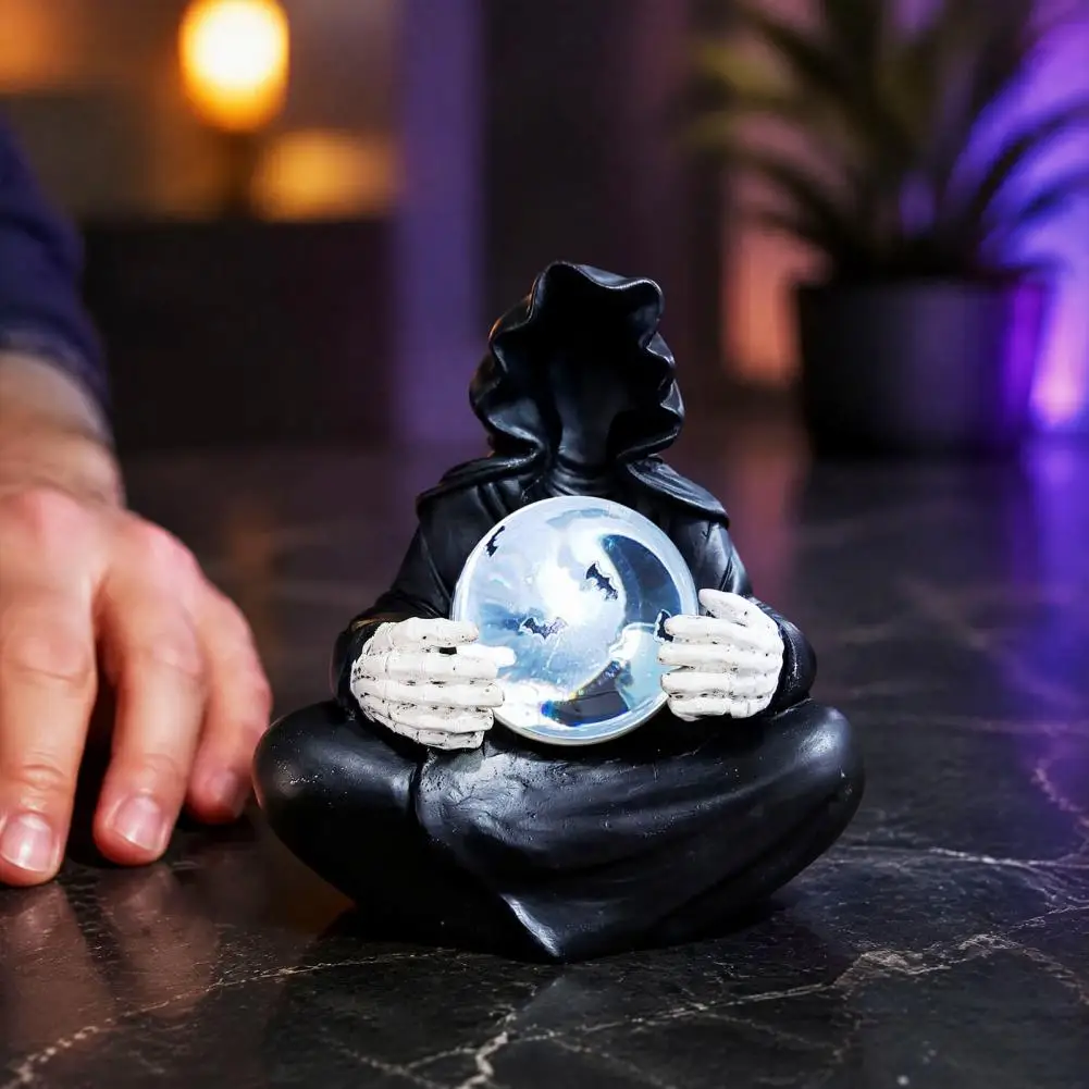 Mystery Bat Pattern Night Lamp Resin Skull Statue Faux Ball Grim Reaper Statue Black Robed Sculpture Mysterious Glowing for Home