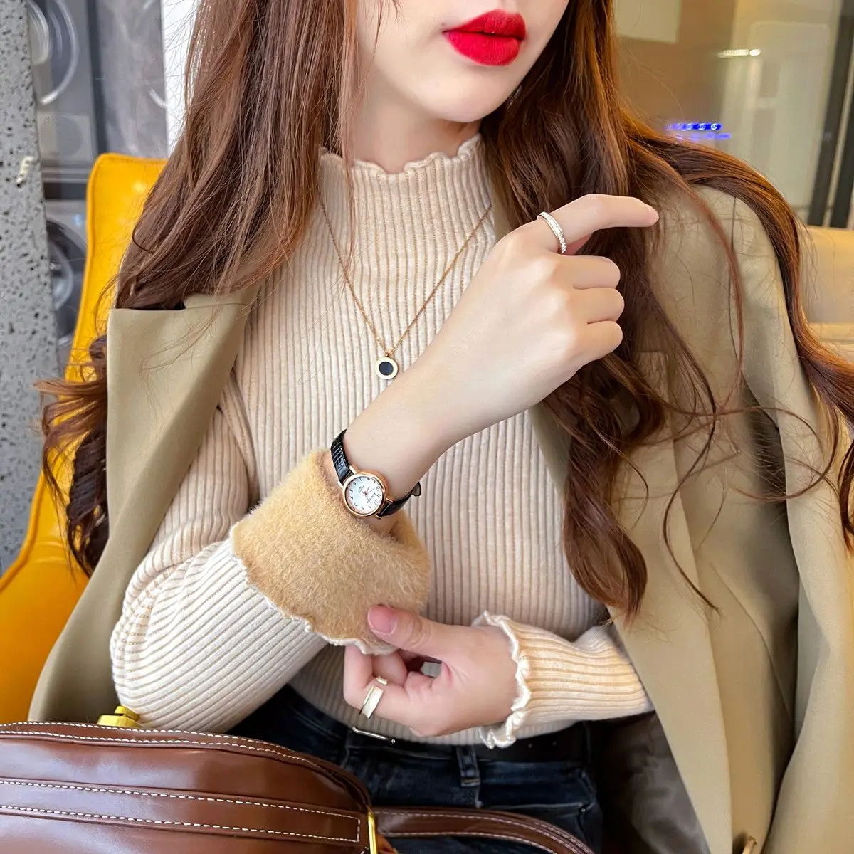 

2024 Autumn Winter Women New Slim Fit Cashmere Jumpers Female Long Sleeve Sweater Tops Ladies Half-high Collar Knit Tops B589