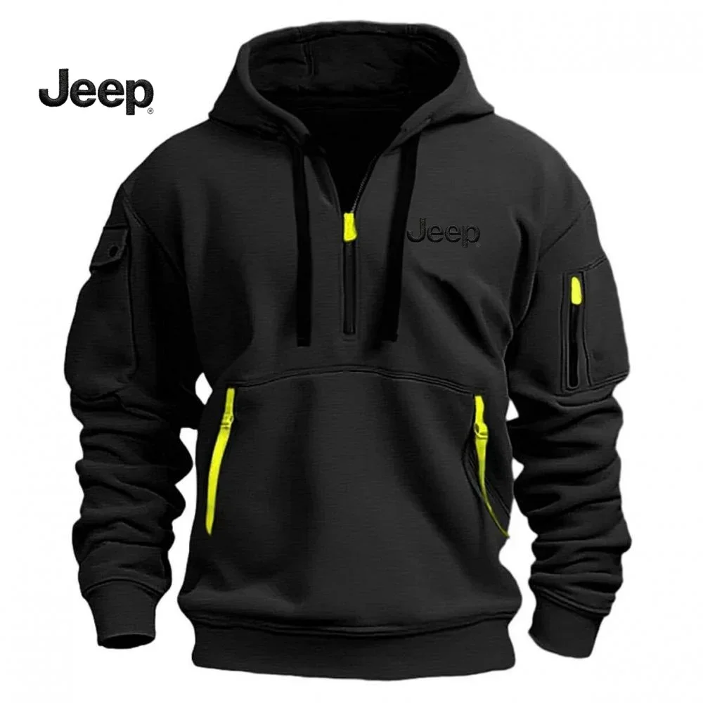 JEEP Nueva sudadera con capucha de lana con cremallera y múltiples bolsillos, jersey informal, sudadera de moda