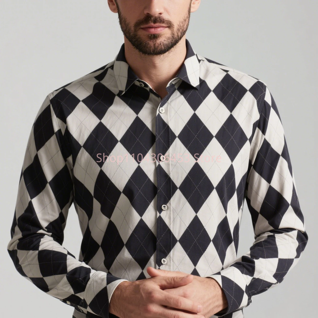 New Men's Geometric Plaid Graphics 3D Printing Shirt Hawaiian Casual Casual Long Sleeve Lapel Shirt Business Simple Casual Top