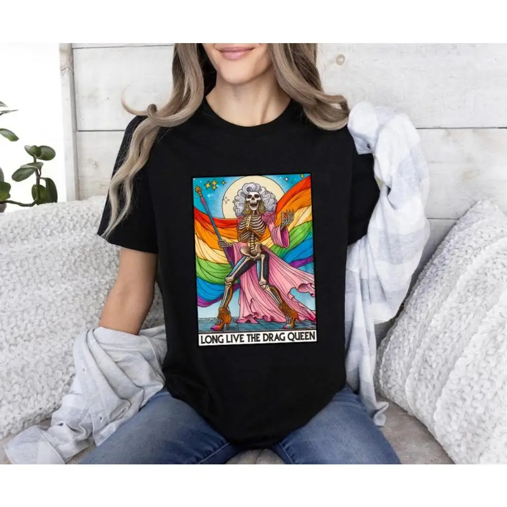 

Gothic Drag Queen Skeleton T-shirt for Women, "Long Live The Drag Queen" Slogan Tee, LGBTQ+ Pride Month Casual Streetwear