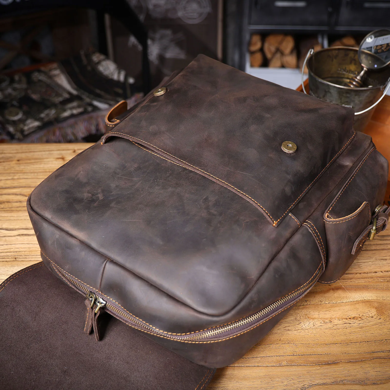 S.WORKER Vintage Echtleder-Rucksack 15" Laptop-Tasche Lässige Crazy-Horse-Leder-Schultasche Outdoor-Reise-Weekender-Tasche – Detail 10