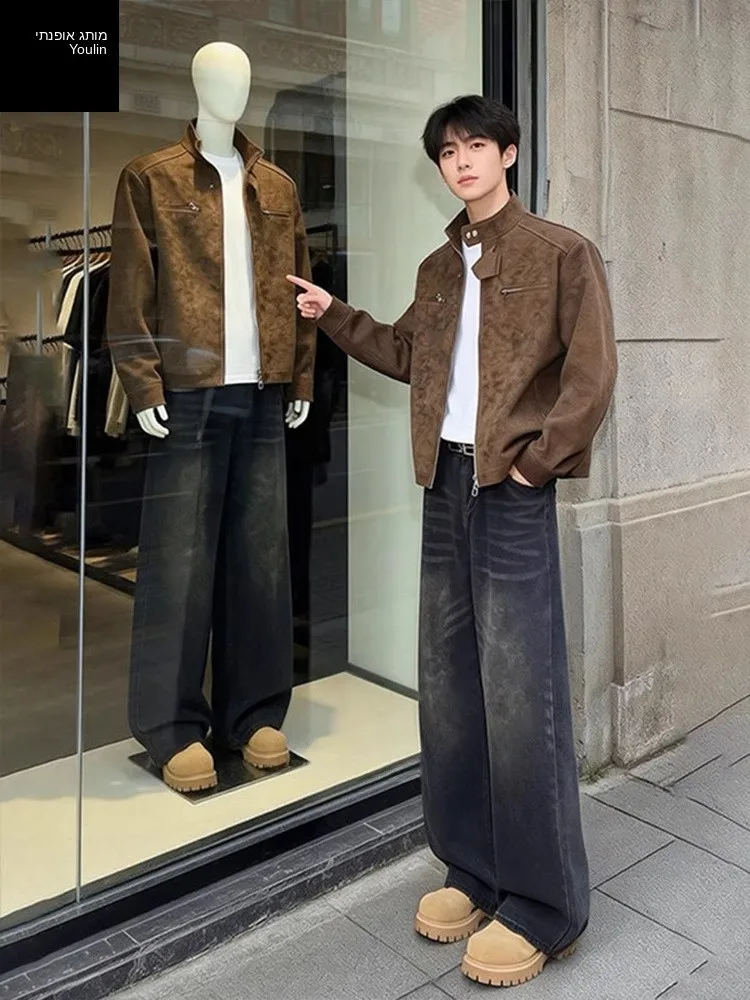 

Cleanfit Men's Bla Fce Lined Jeans High Street Straight Leg Wide Leg Pants Water Waed Denim Casual Youth ular