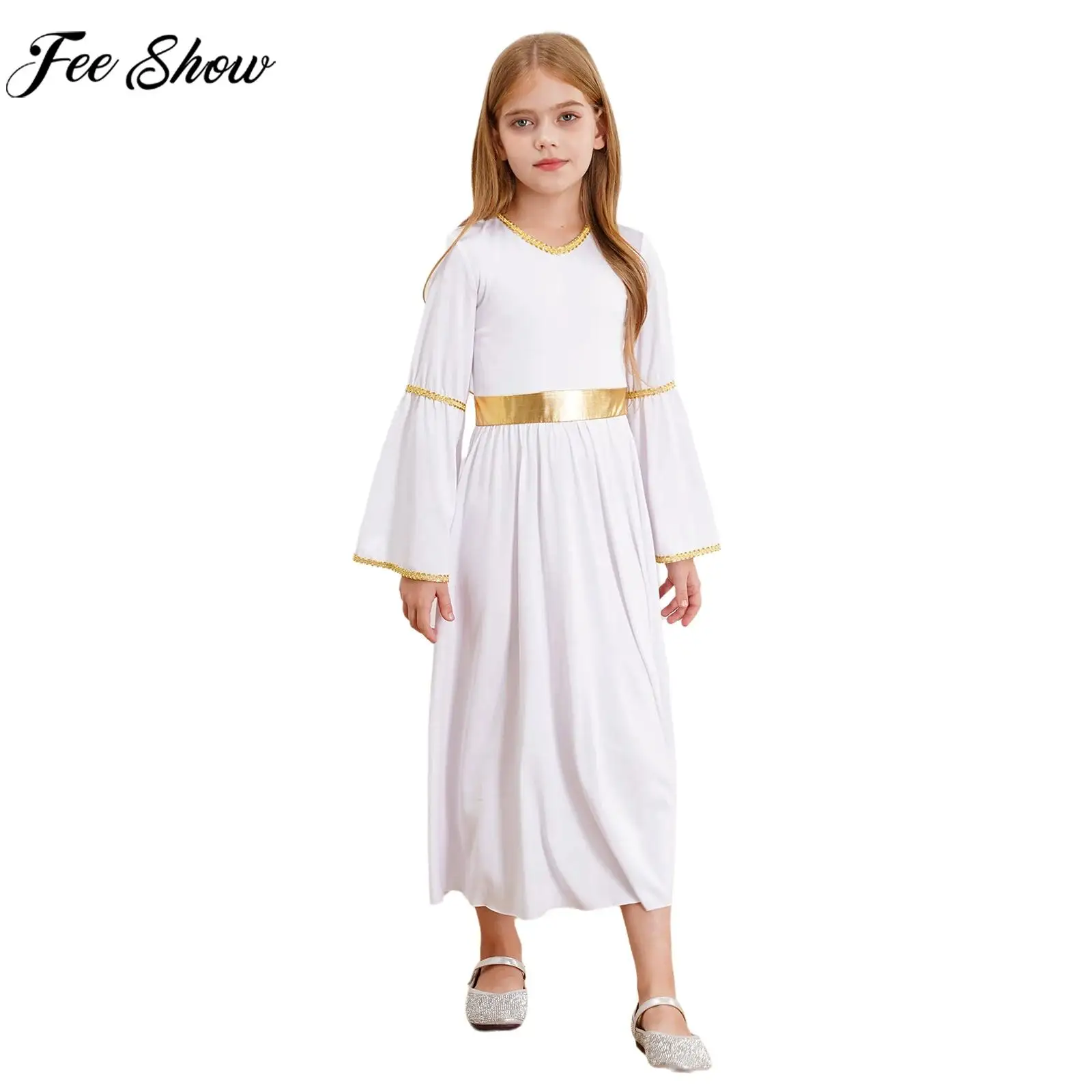 Kids Girls Halloween Carnival Angel Cosplay Dress Church Choir Worship Costume Long Sleeve Gold Trim Goddesses Princess Gown