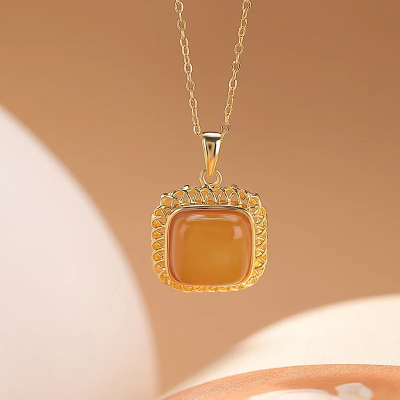 

S925 Sterling Gold-Plated Amber Geometric Square Sugar Cube Hollow Silver Pendant Hanging Ornament
