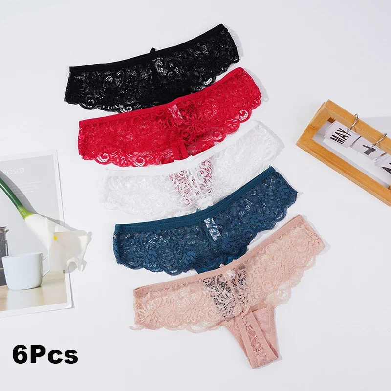 

6Pcs/set Sexy Women Lace Panties Perspective Underwear Low Waist Solid Color Underpants Female Breathable Intimates Lingerie