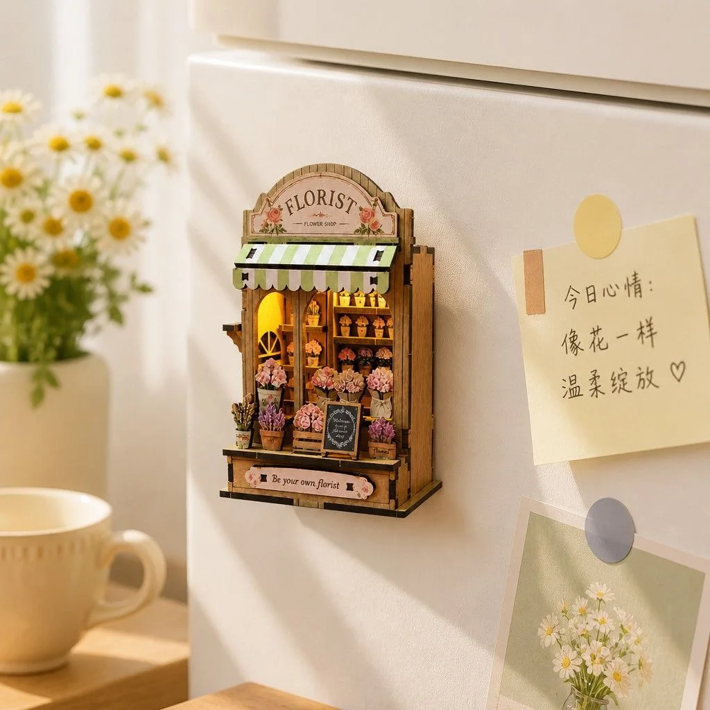 Magnetic Fridge Magnet DIY Wooden Dollhouse Puzzle Model Miniature Florist Shop Building Kit Birthday Gift Home Decor