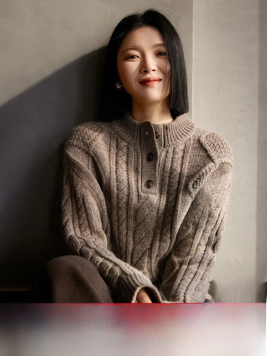 

Вязаный вручную шерстяной свитер в стиле ретро с узором «косичка», воротником «Генри», в стиле «Old Money», мягкий, свободного кроя, женская вязаная одежда