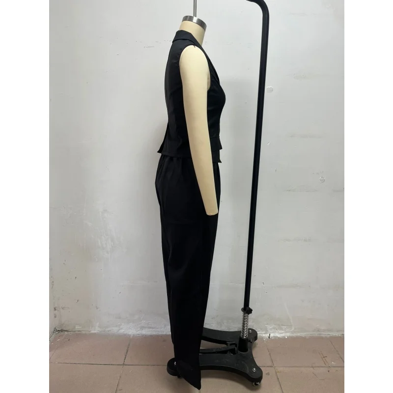 Damen 2-teiliges Outfit, ärmellose Weste mit Revers, hochtaillierte Hose mit weitem Bein, elegantes Büro-Formalanzug-Set, Business-Party-Partnerlook – Detail 14