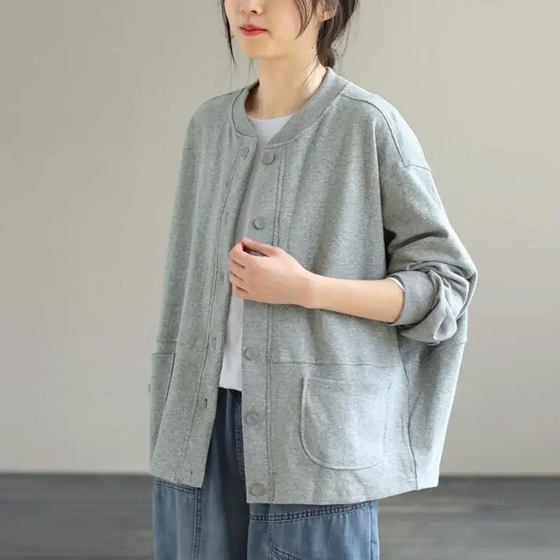

Grey Minimalist Solid Color Casual Jacket Women's Korean Version Baseball Uniform Loose Sportswear Cardigan