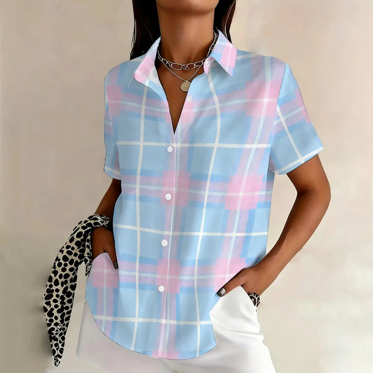 

Personalized minimalist line printed summer women's plus size lapel short sleeved shirt fashionable daily casual versatile top
