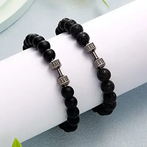 FRIENDSHIP 2 PCS Dumbbell Bracelet for Man Gym 8mm Lava Natural Stone Stretch Beads Bracelet Dumbbell Weight Bracelet