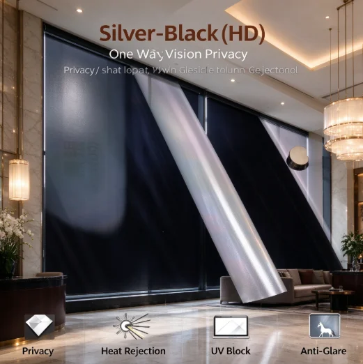 Silver Black HD Privacy Glass Tint Roll PET Material One Way Vision Anti UV Heat Blocking For Residential Office Vehicle Windows