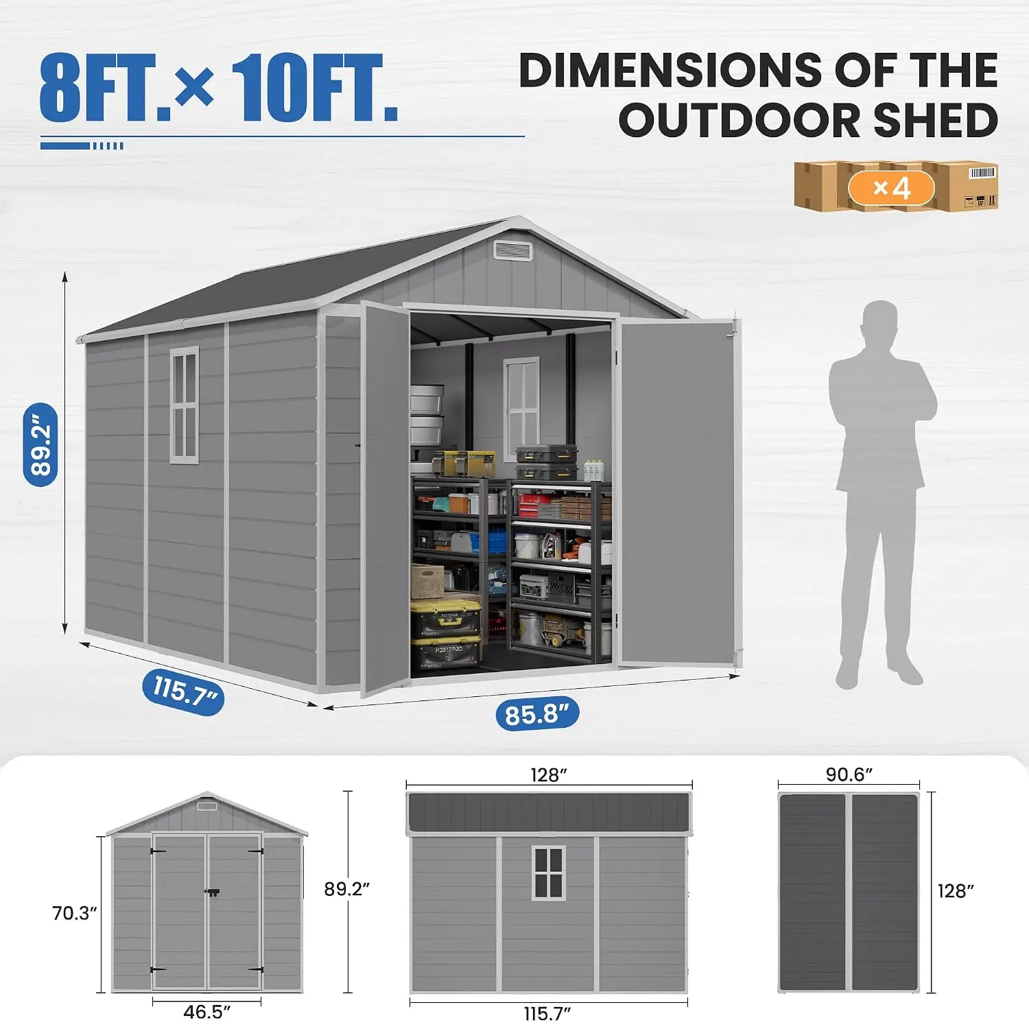 8X10 FT Outdoor Resin Shed, Outdoor Plastic Storage Shed with Floor Included for Bike, Garden Tools, Sheds &, Customized