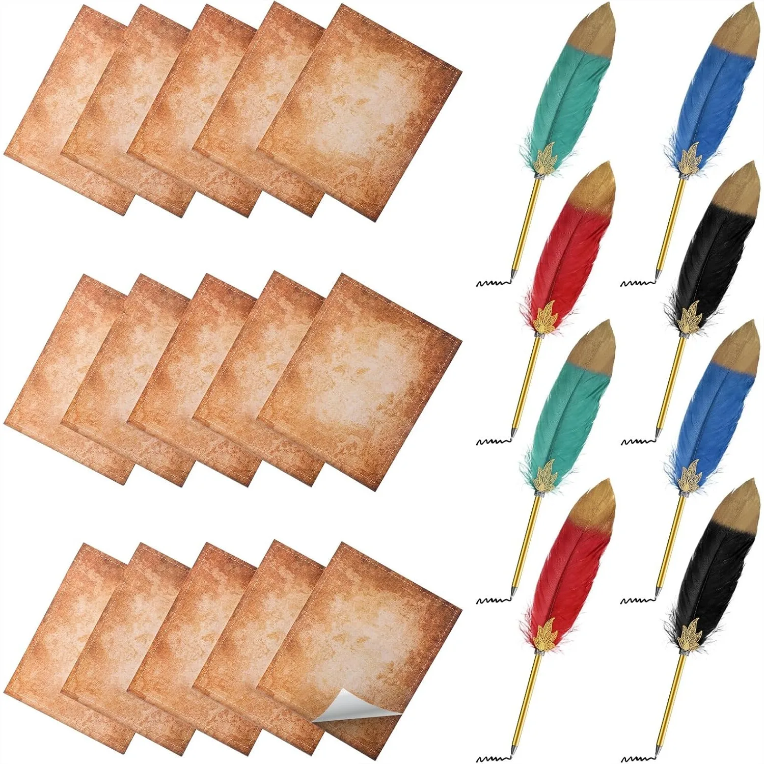 

24 Pack Vintage Feather Pens and Sticky Notes Set with 12 Pcs Ballpoint Pens and 12 Pads for Writing School Office Party Favors
