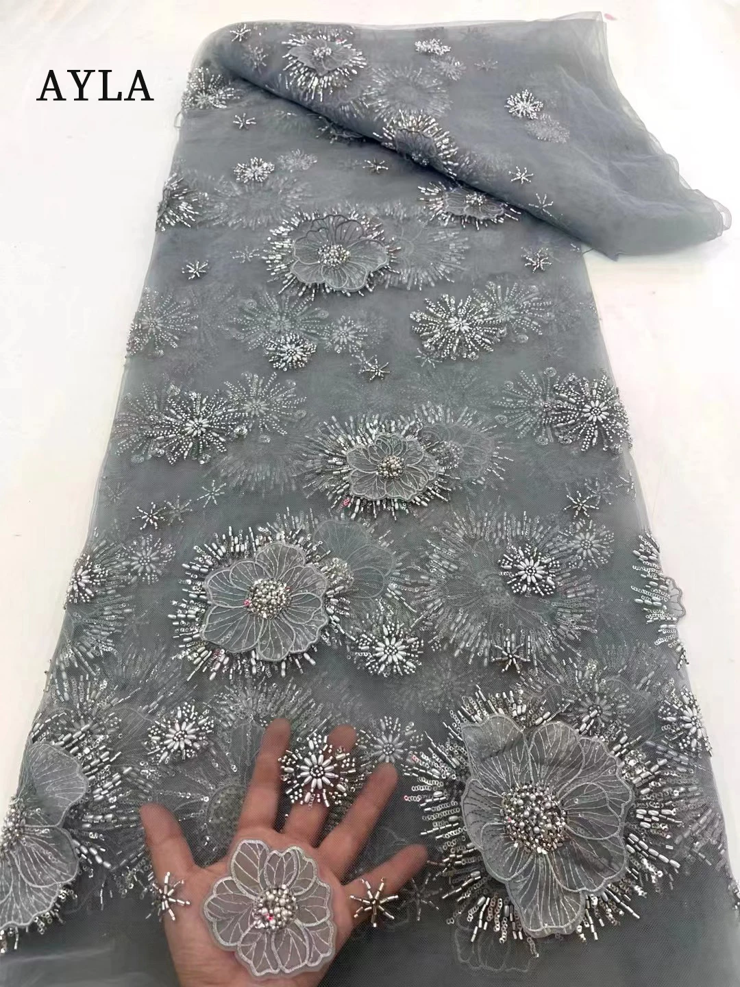 

Luxury 2024 High Quality Lace Fabric 3D Flower Embroidery Lace French Net Fabric Sewing Wedding Party Dress Nigeria Fabrics Blue