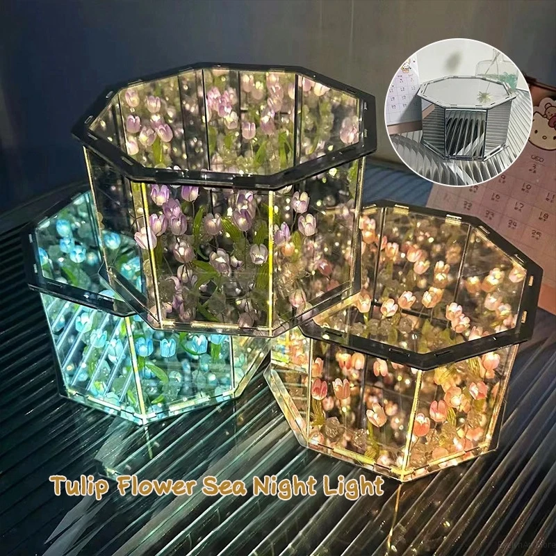 لتقوم بها بنفسك توليب مرآة مكعب مصباح محاكاة ارتفع ليلة ضوء غرفة نوم الجدول مصباح Led أضواء الزخرفية عيد ميلاد هدية الكريسماس نومليك #1