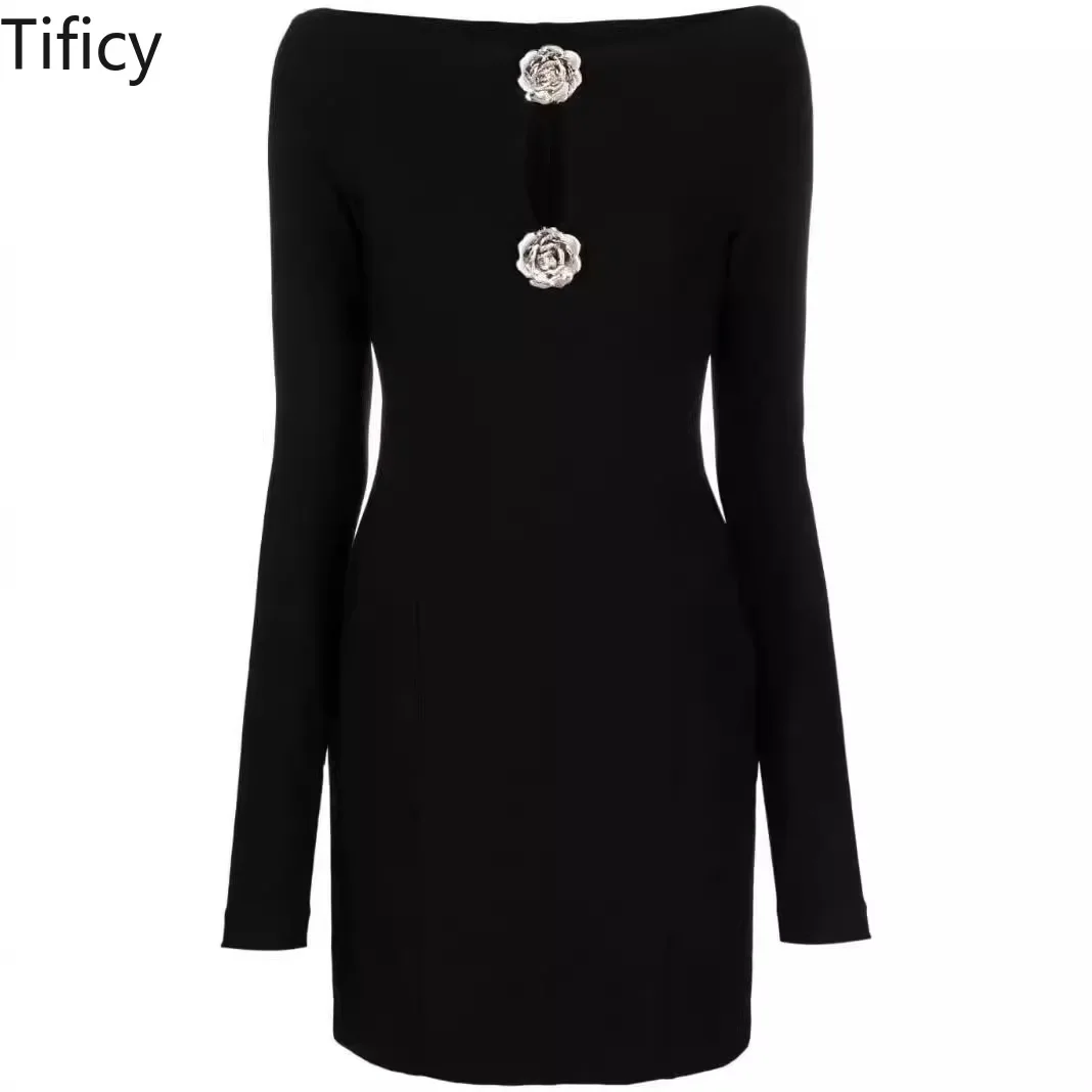 TIFICY Sexy High Street Damen One Shoulder Camellia Hollow Out Slim Black Sparkling Diamond Streetwear Sexy Kleid