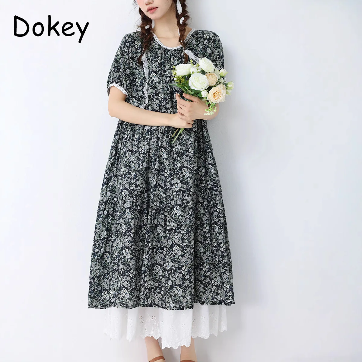 

Japanese Mori Girl Boho Flower Print Long Dress Women Summer Vintage O-Neck Puff Sleeve Cotton Linen Loose vestidos para mujer
