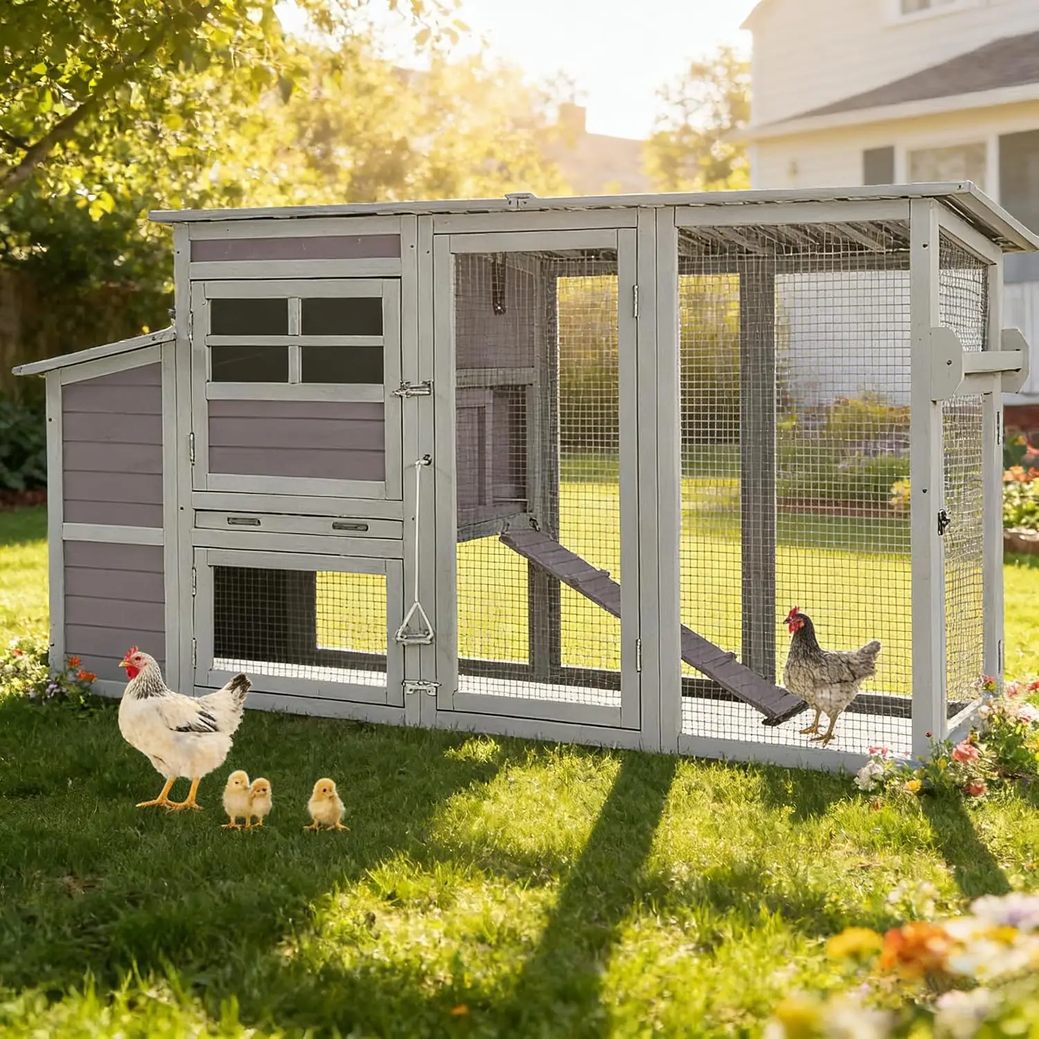 Chicken Coop Hen House, Large Outdoor Wooden Poultry Cage with Ramps, Run, Nesting Box, Removable Tray, Weather-Proof Chicken