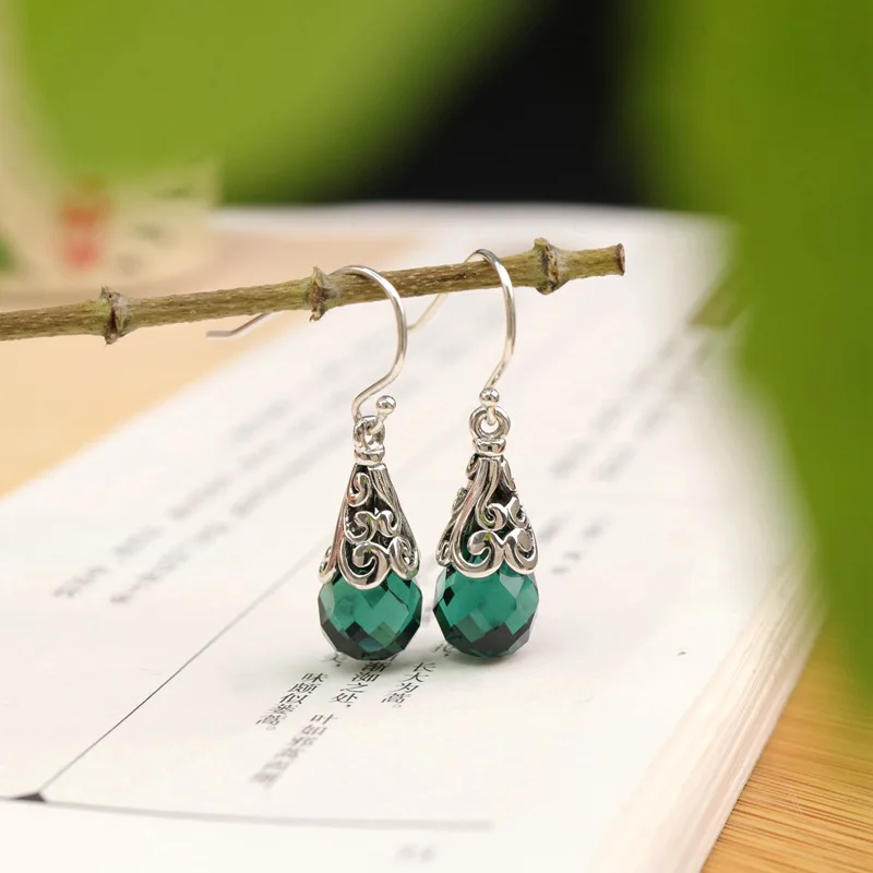 BOCAI New S925 Sterling Silver Jewelry Vintage Fashion Hollowed Out Patterned Droplet Shaped Crystal Earrings Women's Select