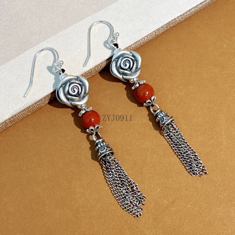 Ohrringe aus 999er Silber mit roten Achatperlen und Rosenquasten für Damen, Vintage-Stil, ethnische dreidimensionale Blume, lange Ohrringe, Schmuck
