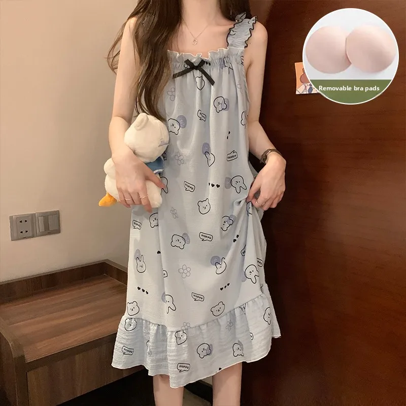 

Women's Summer Spwear Breathable Pure Cotton Dr with Chest Pad Large Size Home Clothes Long Skirt Sweet Sle ...