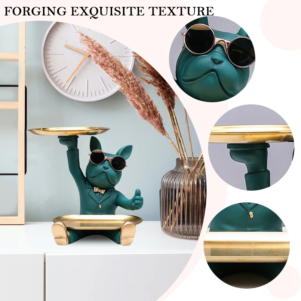 Bulldog Sculpture Dog Ornament with Tray Key Storage Decoration Home Keychain Snack Coins Holder Resin Animal Sculpture for Home
