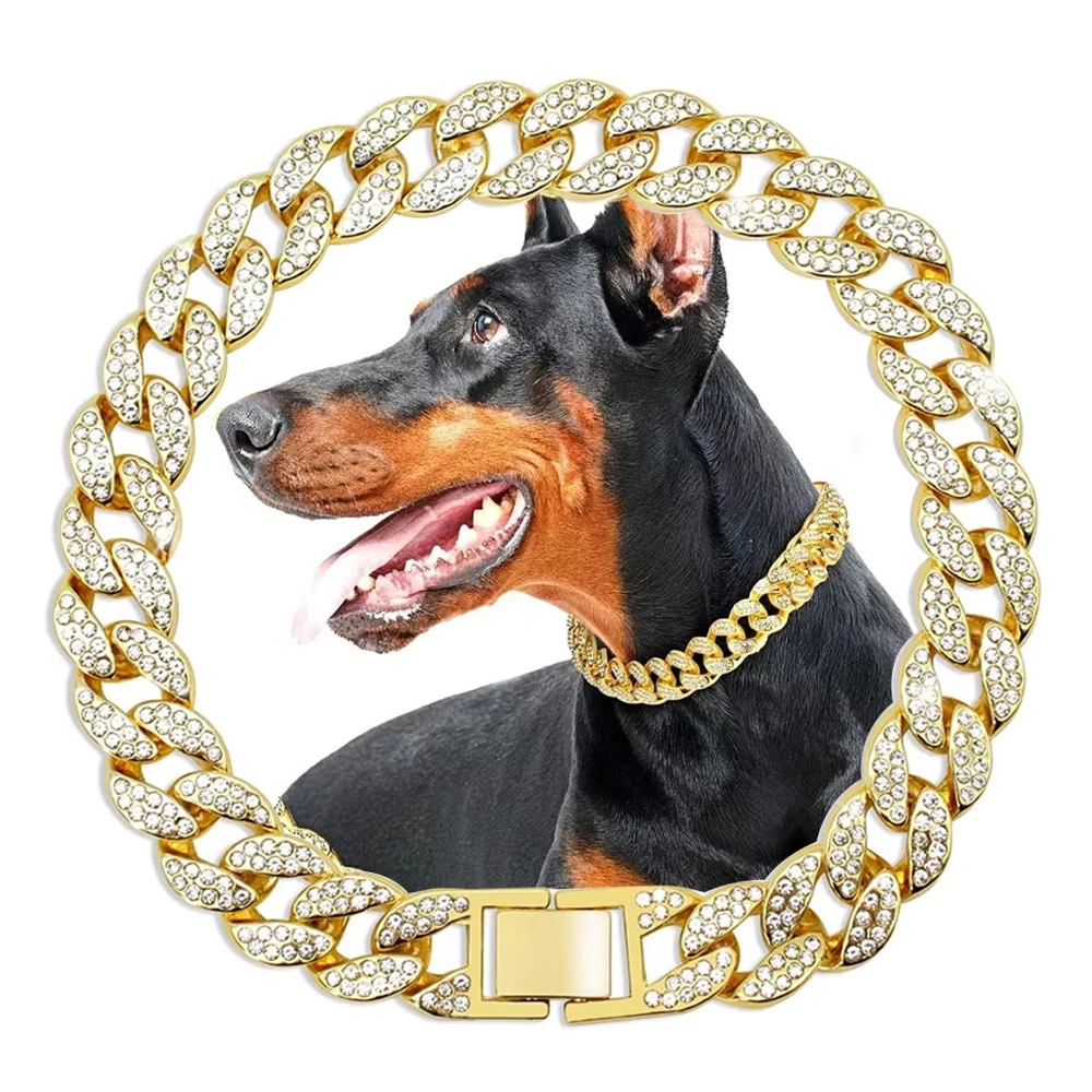 

Solid Miami Gold Dog Collar Cuban Link Puppy Chain Silver Hip Hop Necklace for Small Large Dogs Bling Pet Jewelry Gift 15mm Wide