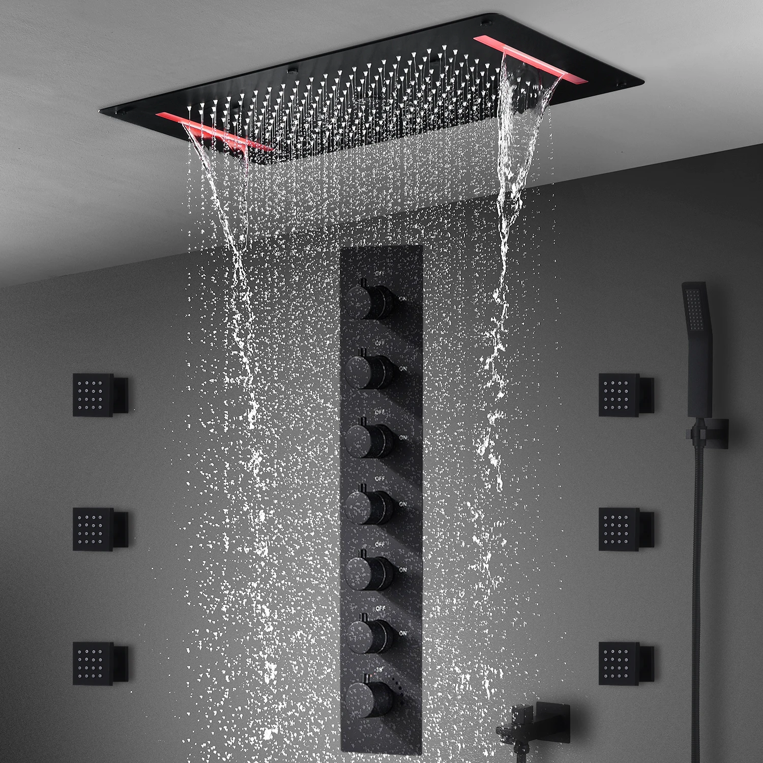 Imagem -05 - Rgb Led Shower Head Grupo Kit Válvula Misturador Termostático Matt Black Painel Torneira do Chuveiro Jatos Laterais 28x5 Polegada Pcs 2