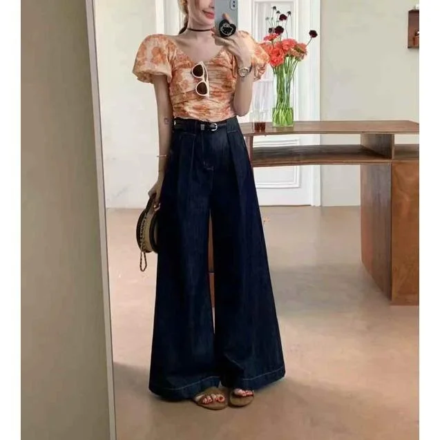 

Deep Blue High Waist Straight Leg Wide Leg Jeans Women's Casual Versatile High Waist Retro Korean Sle Slimming Denim Pants