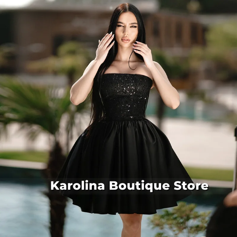 

Bling Sequin Mini Homecoming Dress Strapless A-line Pleat Cocktail Ceremony Party Vestidos De Fiesta Customized Plus