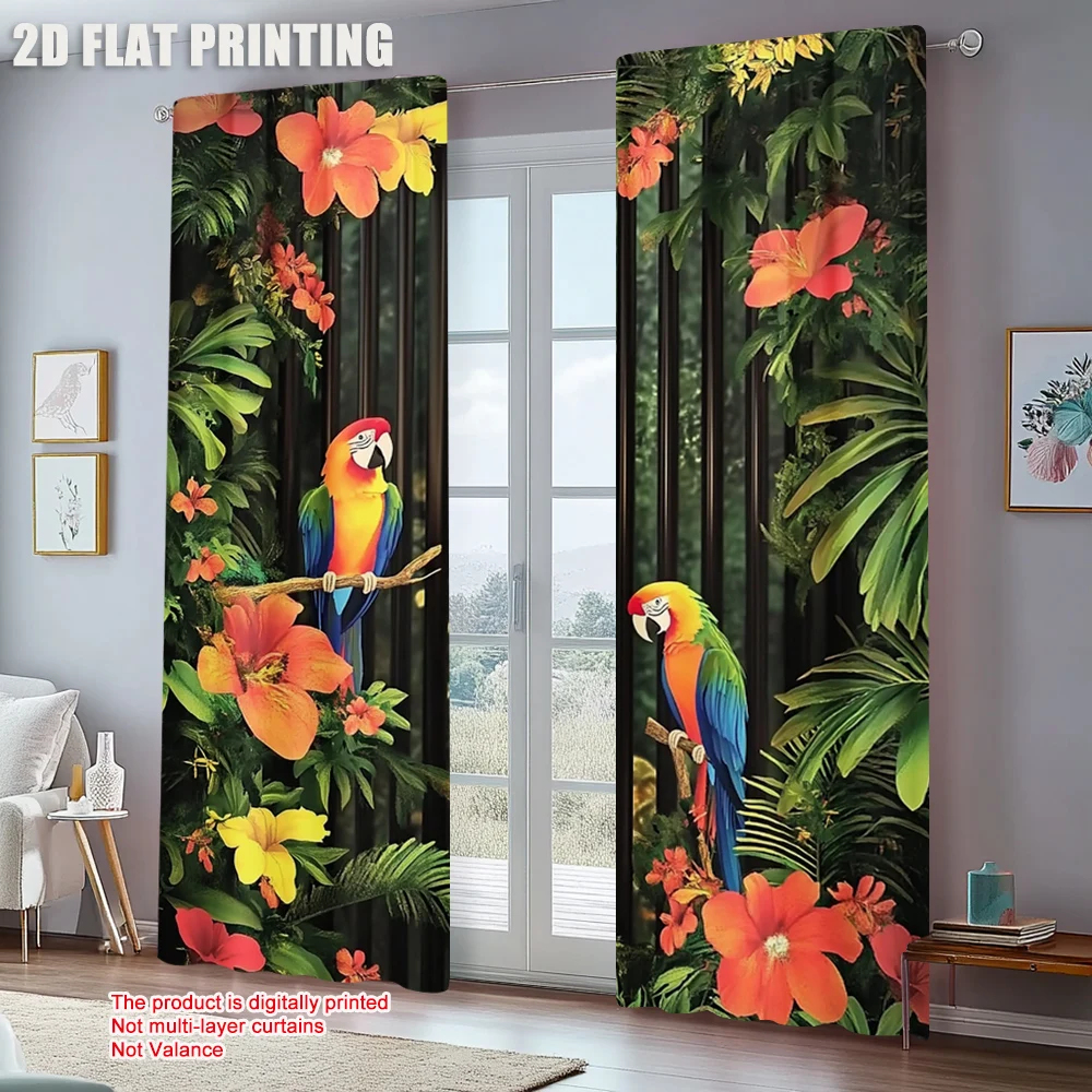 2pc,  Party Window Curtains Jungle Parrot Machine Washable Polyester,Without Electricity Wall Decor Suitable for Indoor Use
