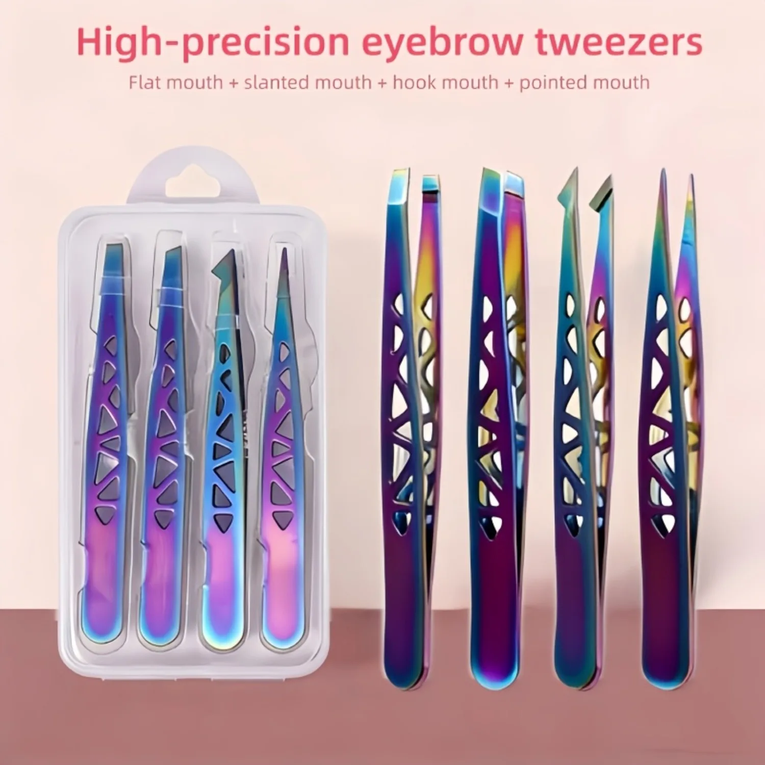 

4Pcs Color Titanium Tweezers Set, High Precision Stainless Steel Hollow Tower Design for Eyebrow and Hair Plucking
