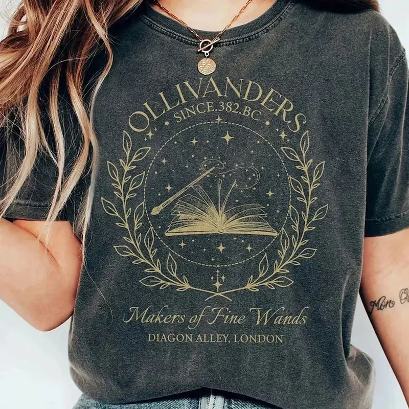 

Ollivanders Wand Shop Tshirt 100% Cotton Washed Distressed Top Dark College T Shirt Subtle Bookish Merch Y2K Top