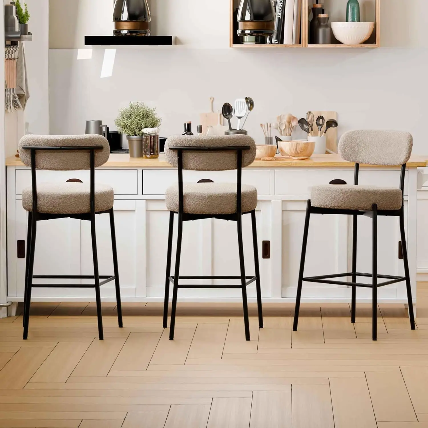 

28 inch Bar Stools Set of 3, Modern Boucle Counter Hight Bar Stools, Beige Barstools with Back, Mid