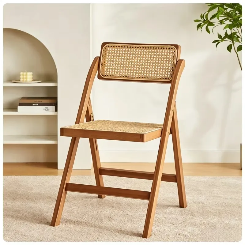 Nordic Foldable Bamboo Rattan Chair Portable Dining Chair with Breathable Seat & Back for Cafe Bistro Restaurant and Home Use
