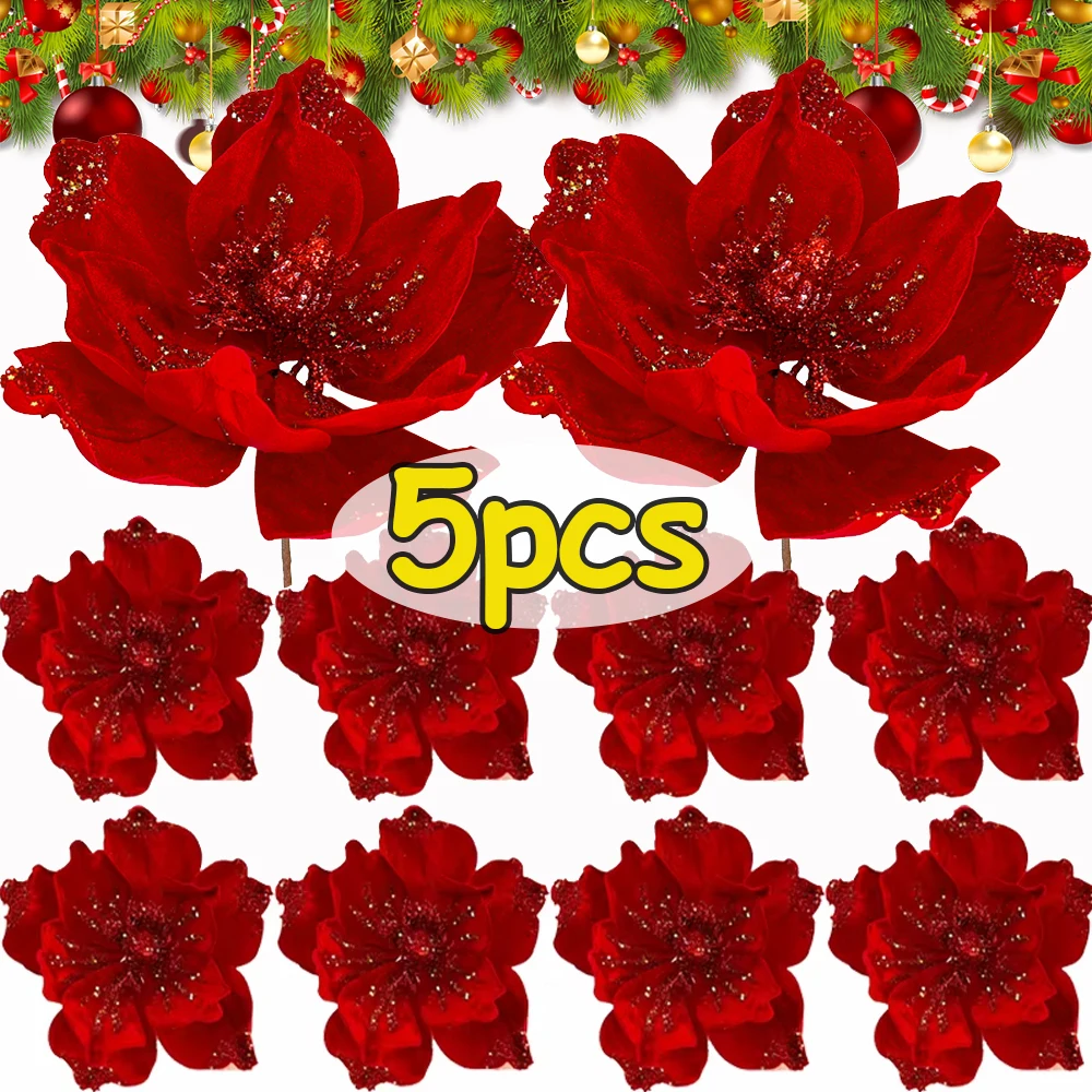 1/5 Uds. Flor de simulación navideña, adornos de flores falsas rojas con purpurina grande, fiesta de Año Nuevo para el hogar, árbol de Navidad, suministro de decoración DIY