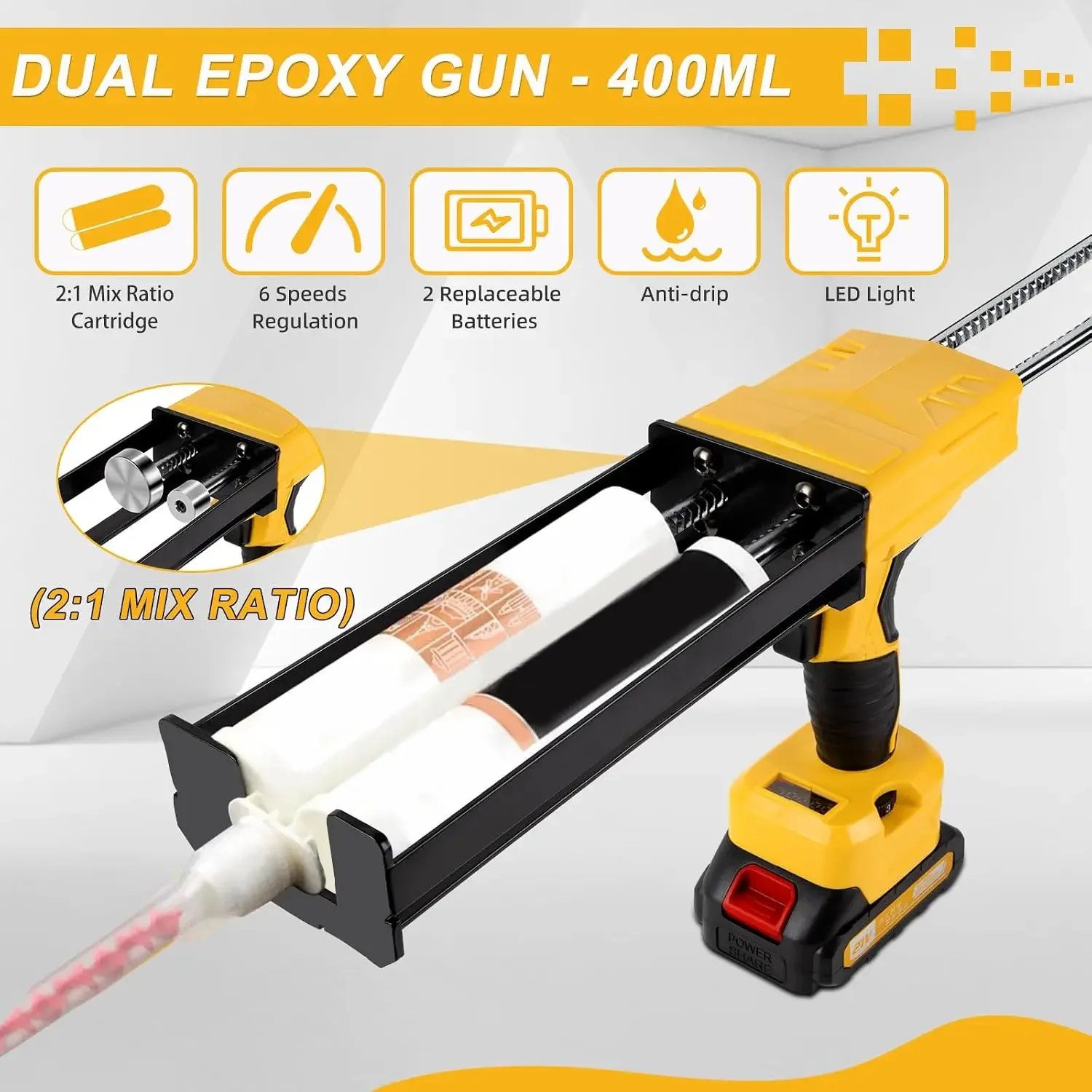 Electric Cordless Caulking Gun Dripless Double Cartridge Adhesive Epoxy Gun for 400mL/13.5fl oz(2:1 Mix Ratio) Automatic Power