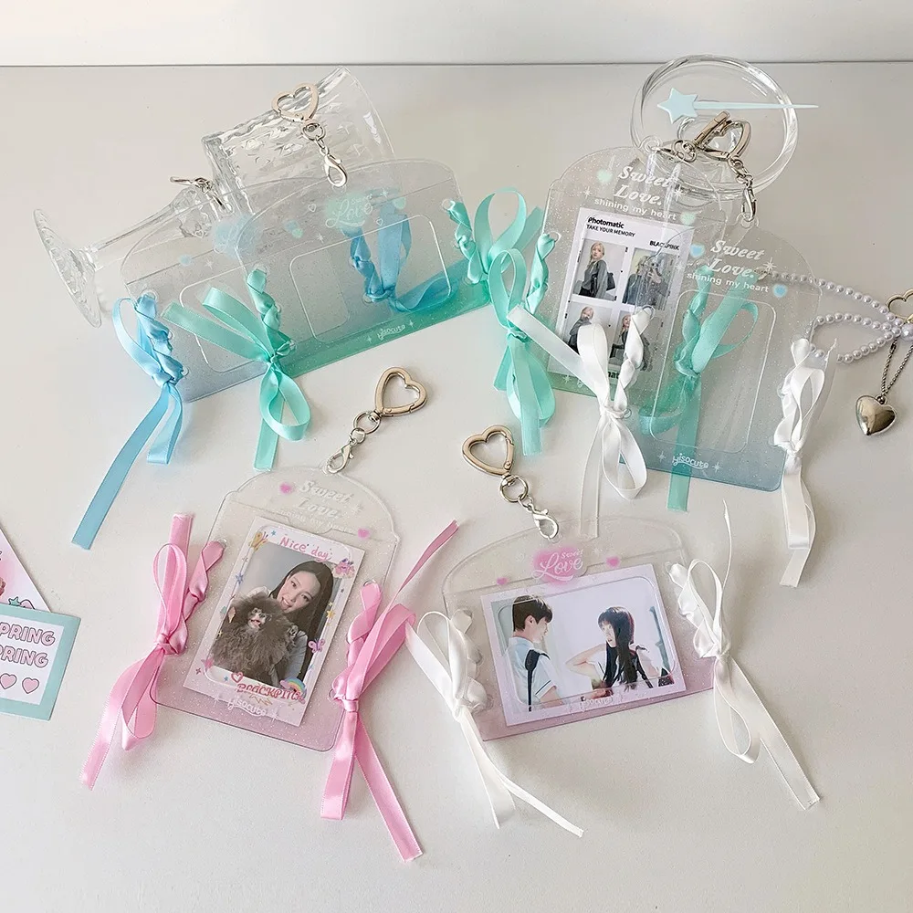 With Keychain DIY Ribbon Photocard Holder PVC Card Cover Love Heart Pendant Idol Card Display Protector Hanging Decoration