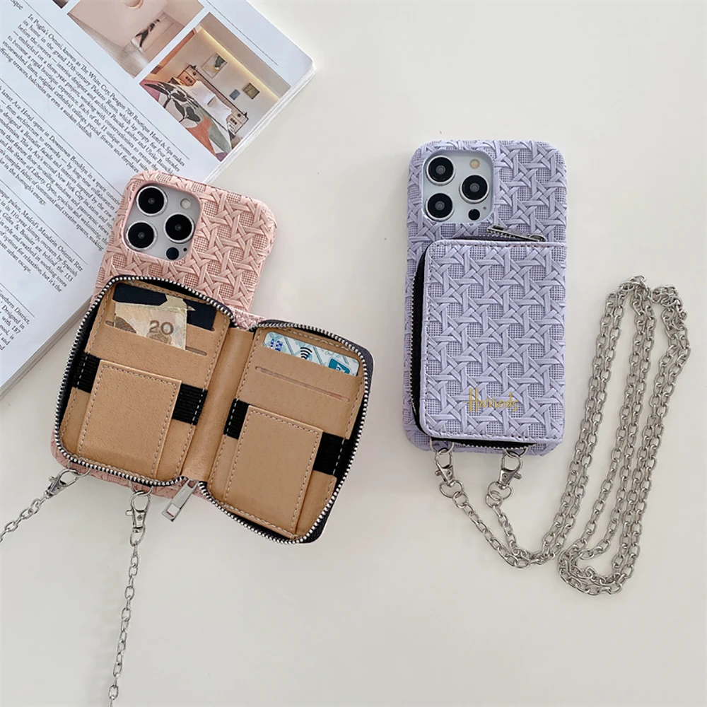 Luxury woven pattern Card package Metal letter Phone Cover Case For Iphone 15 14 13 12 11 Pro Max With lanyard hard Coque Fundas