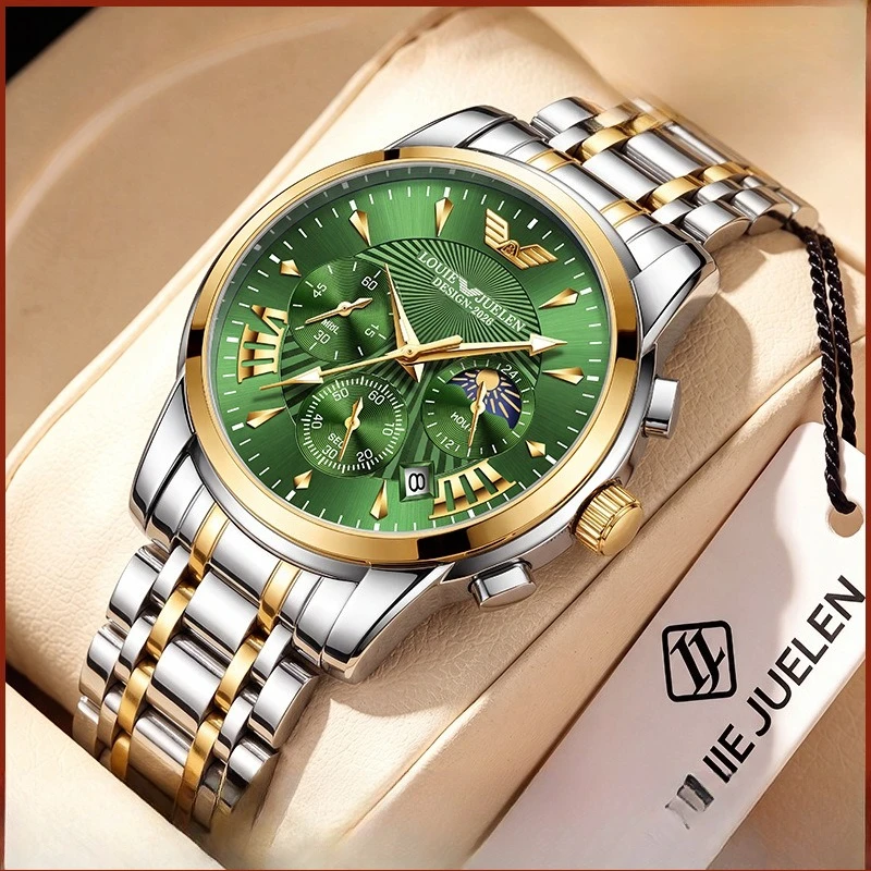 Men's Watch, Multi-function 3 Dials 6 Hands Moon Phase Stainless Steel Wristwatch, Business Fashion Quartz Watch for Men