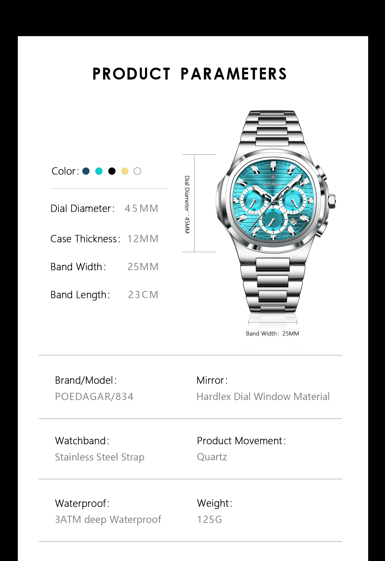 POEDAGAR Top Business Herrenuhr Leuchtend Wasserdicht Edelstahl Herren Armbanduhr Chronograph Datum Quarz Mode Herrenuhren – Detail 8