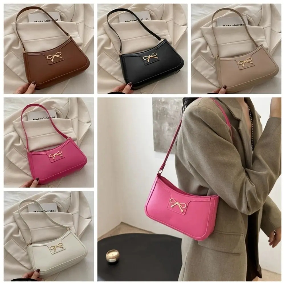 

Elegant Y2k Bow Shoulder Bag Zipper Solid Color Bowknot Underarm Bag Small Square Bag PU Leather Women Handbag Daily