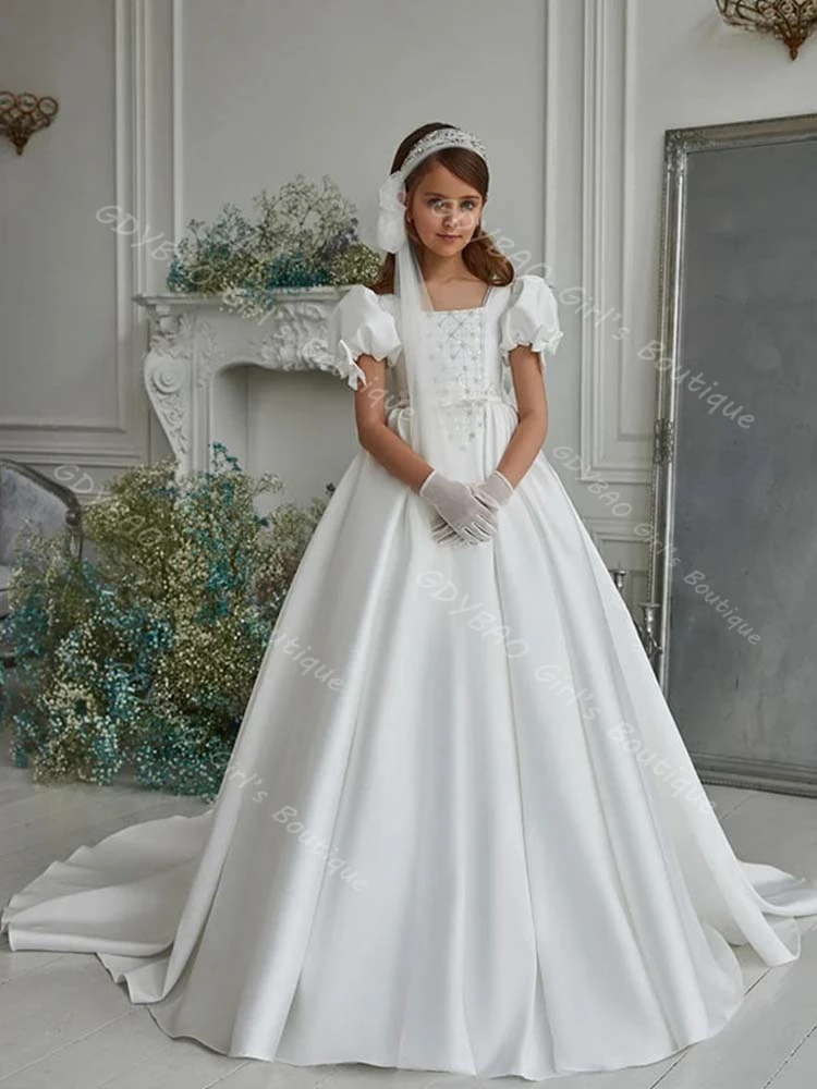 Платье с цветочным узором для девочек на свадьбу 2–14 лет, детское платье с квадратным вырезом и открытой спиной, длинное праздничное платье с бантом и шлейфом