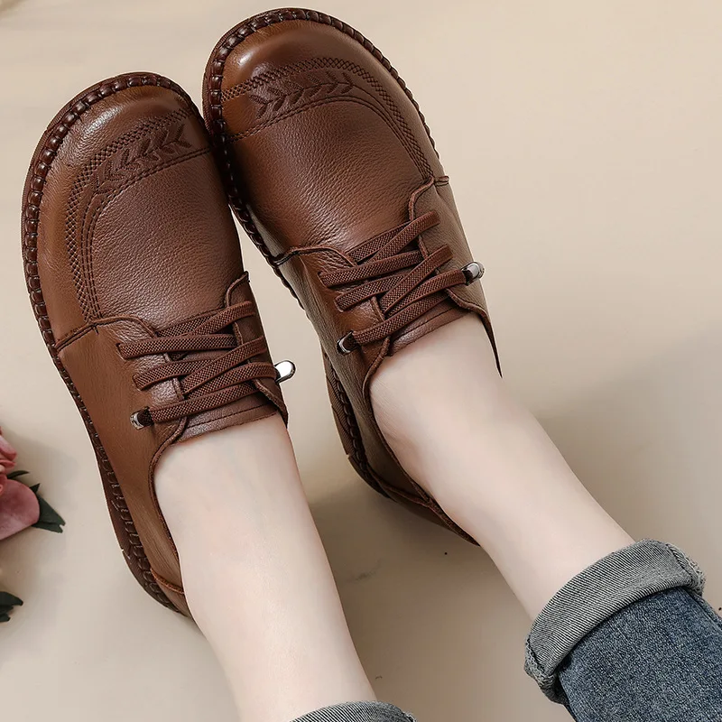 New Cowhide Retro Ethnic Style Women Shoes Comfortable Tendon Soft-Soled Mother Shoes Genuine Leather Thick-Soled Leather Shoes